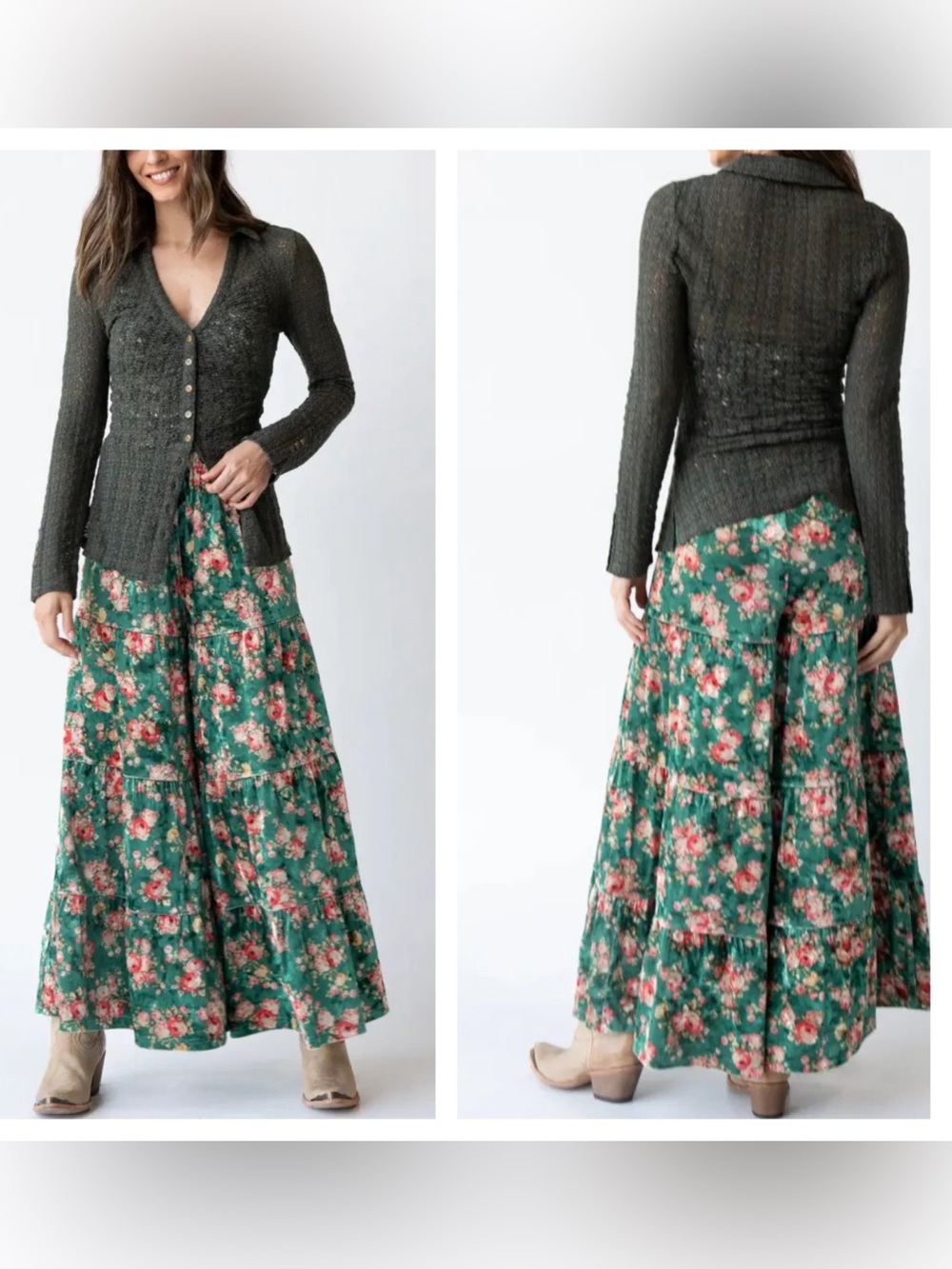 Natural Life Patti Velvet Palazzo Pants Women’s Medium Green Floral Wide Leg